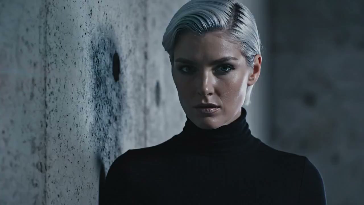 赛博朋克风银发女郎红光扫描眼部特写