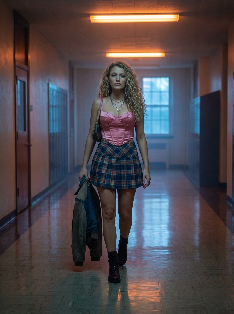 暗调走廊里的千禧校园辣妹