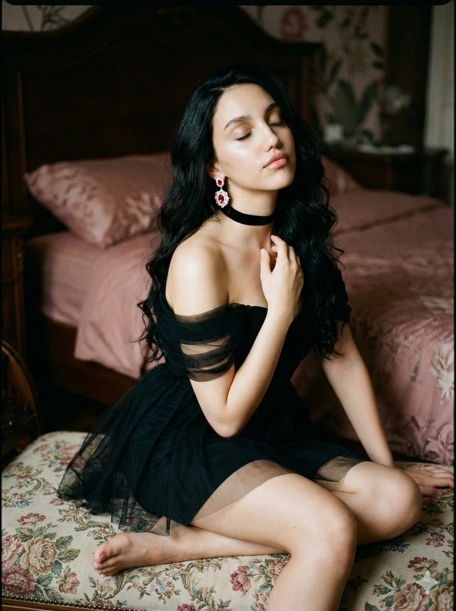 暗调玫瑰：黑纱少女的静谧光影