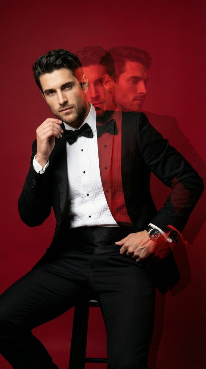 深红影棚中的多重曝光燕尾服