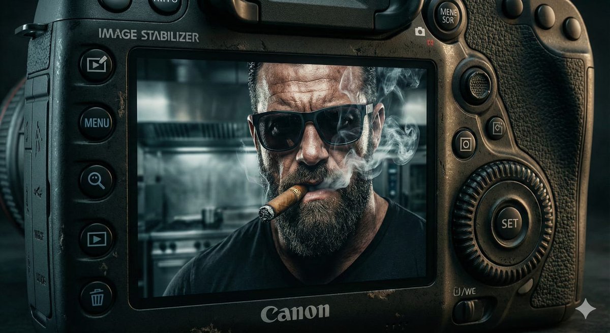 数码相机屏幕中的冷酷雪茄硬汉