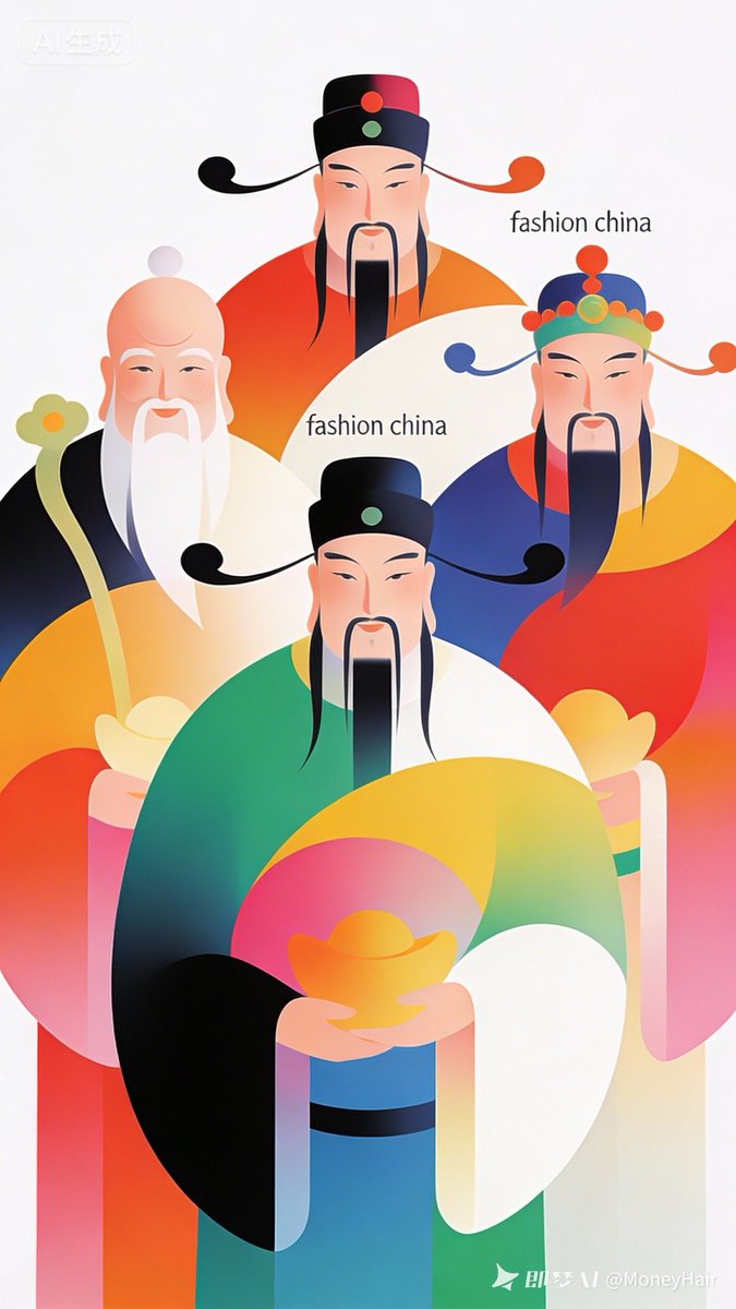 多巴胺色彩的五路财神极简海报