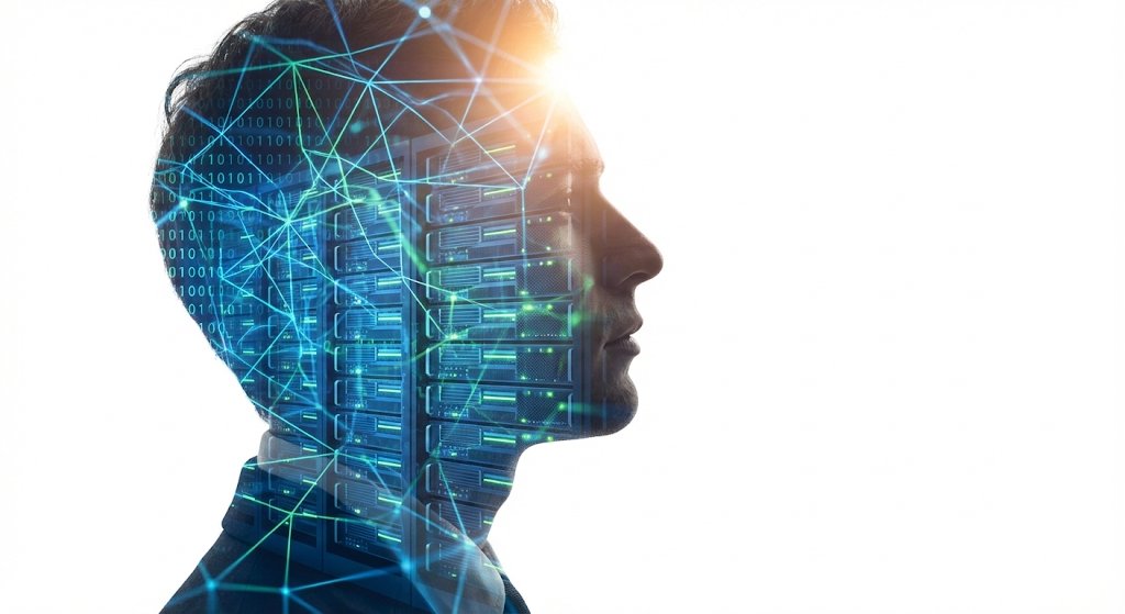 双重曝光下的AI工程师剪影