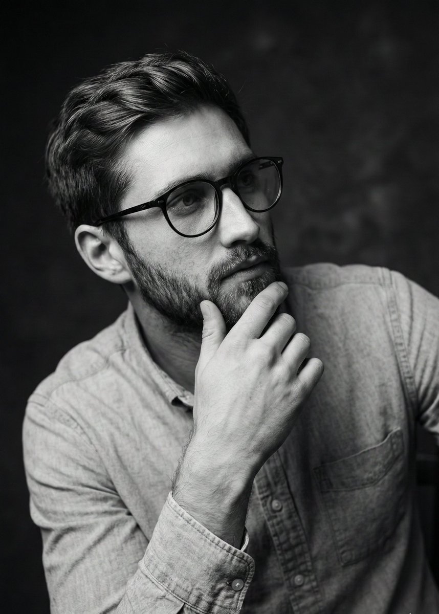 黑白光影交织的深邃沉思者人像