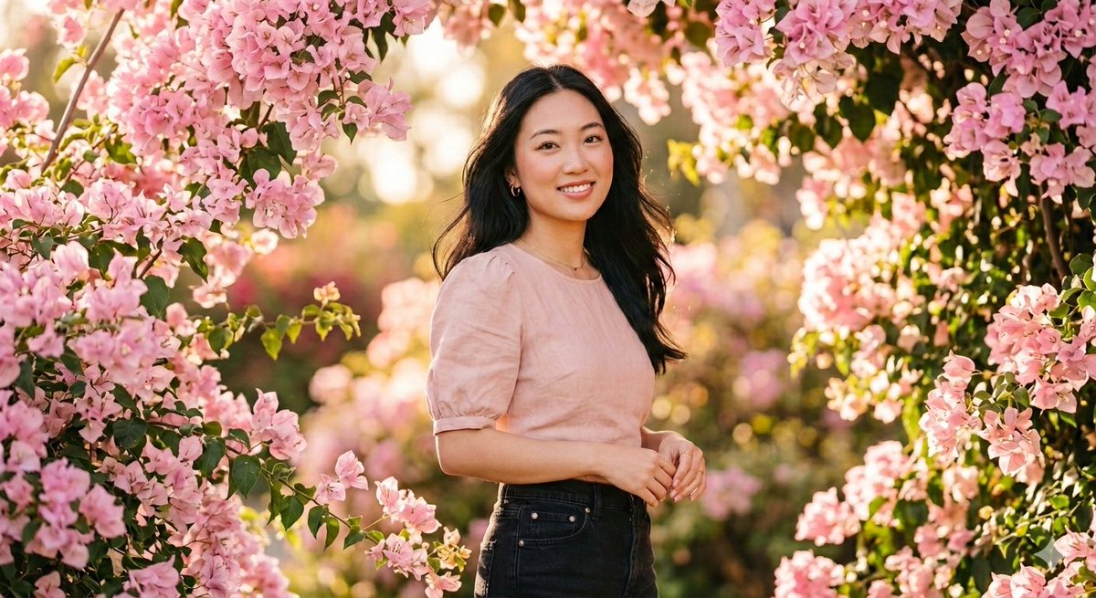 繁花轻拂的梦幻少女肖像