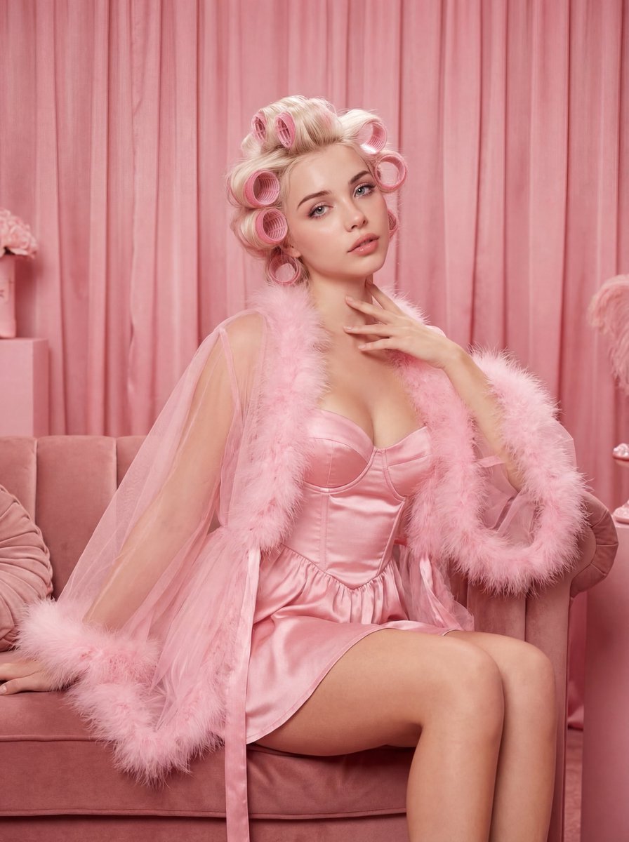 梦幻粉色闺房中的复古好莱坞娇俏佳人