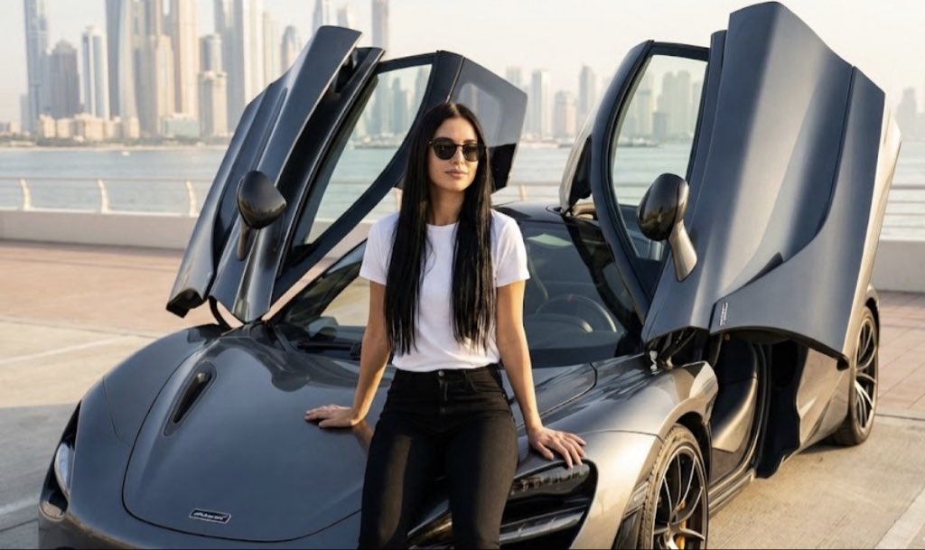 迪拜海滨迈凯伦超跑上的时尚墨镜女郎