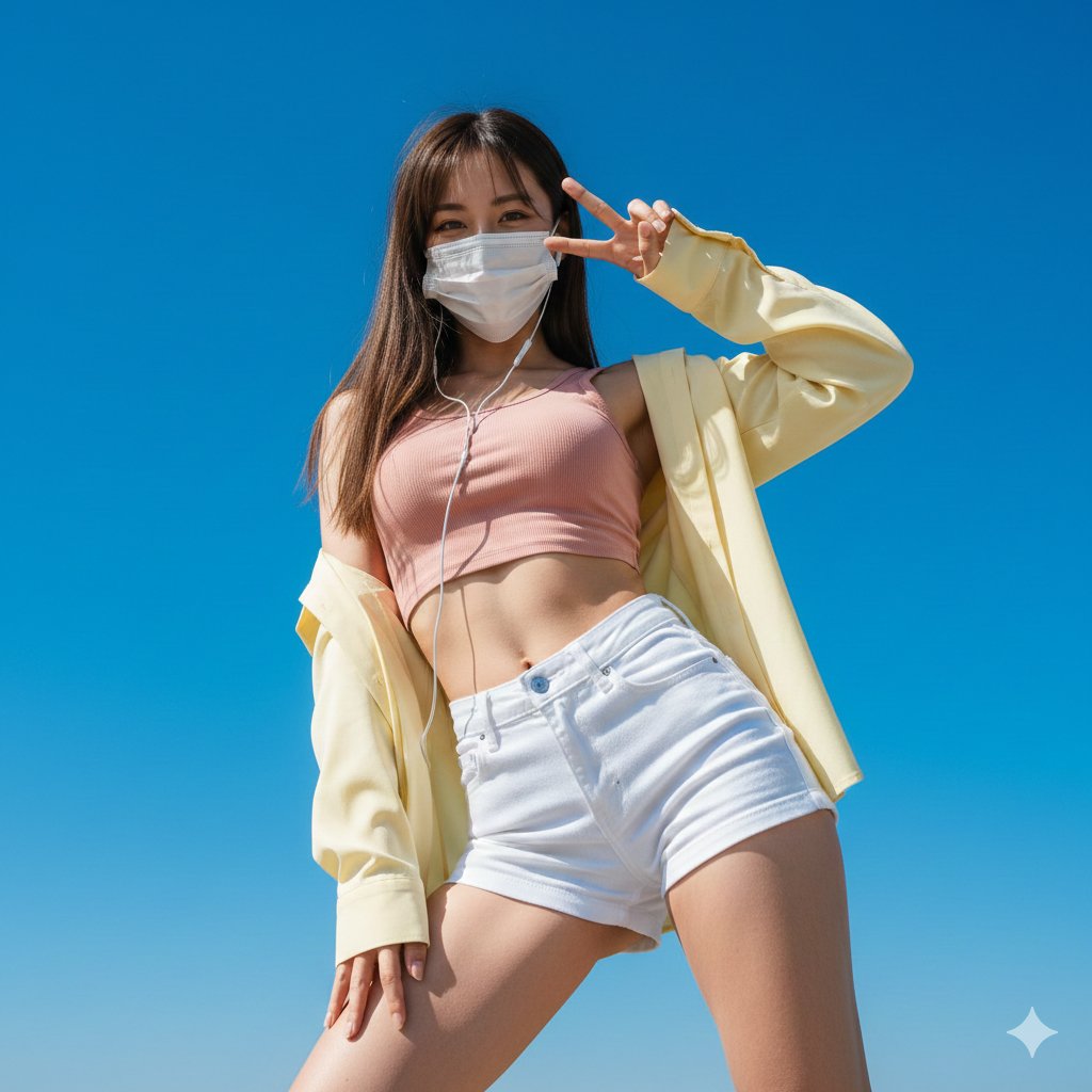 晴空下的动态低角度人像 - 强调曲线与自信姿态