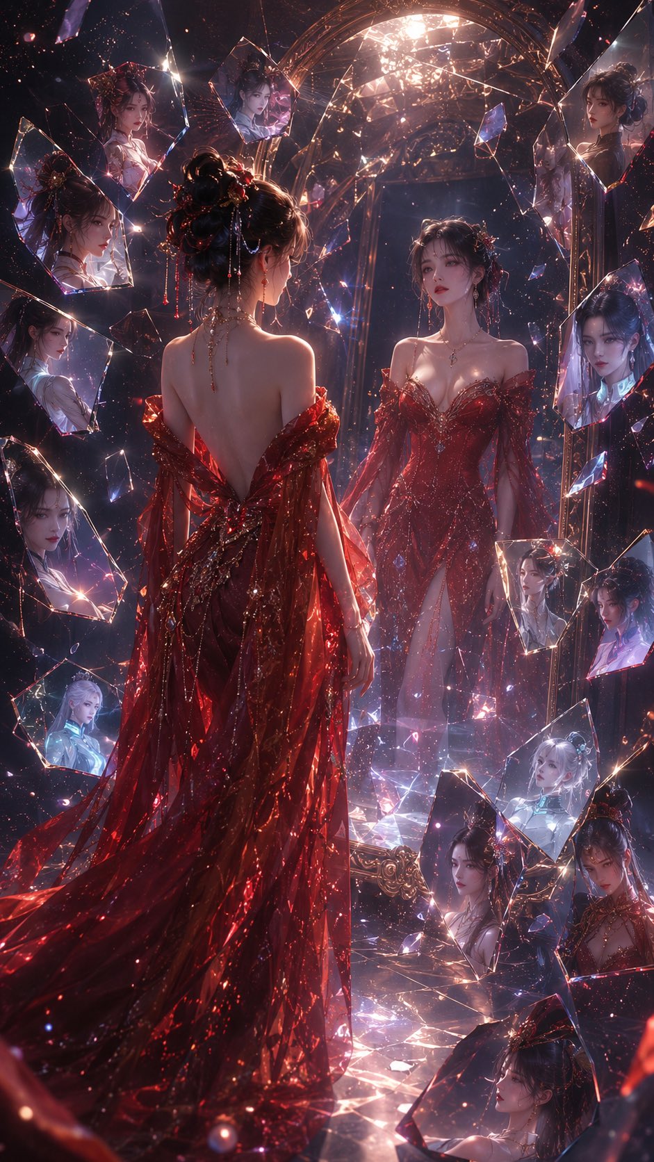 碎镜中的东方幻想红裙身影