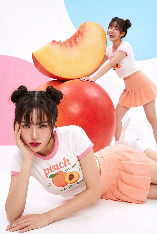 桃子趣拍：两位少女与超大桃子道具合影