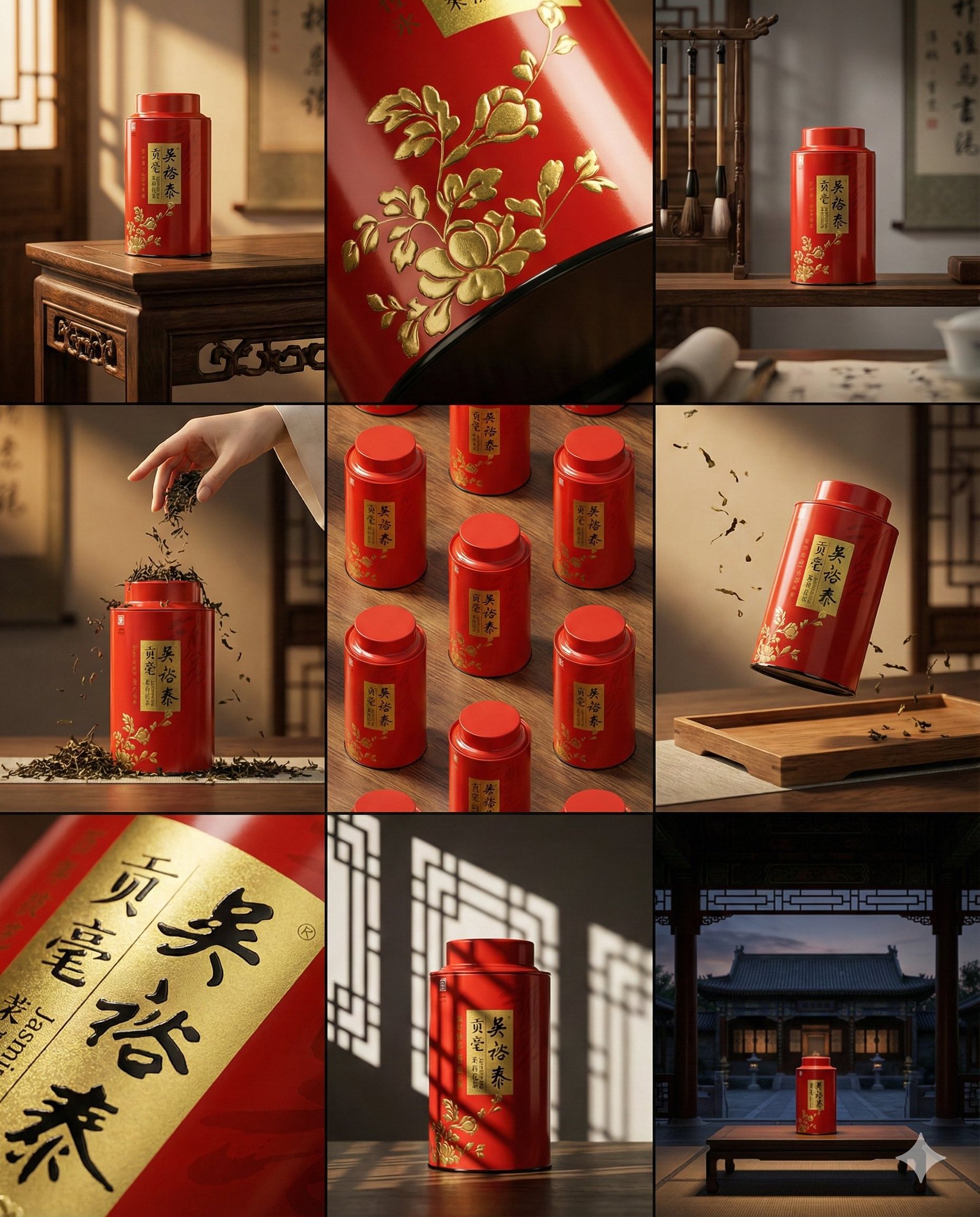 红色茶叶罐的九格故事板：设计驱动的品牌展示