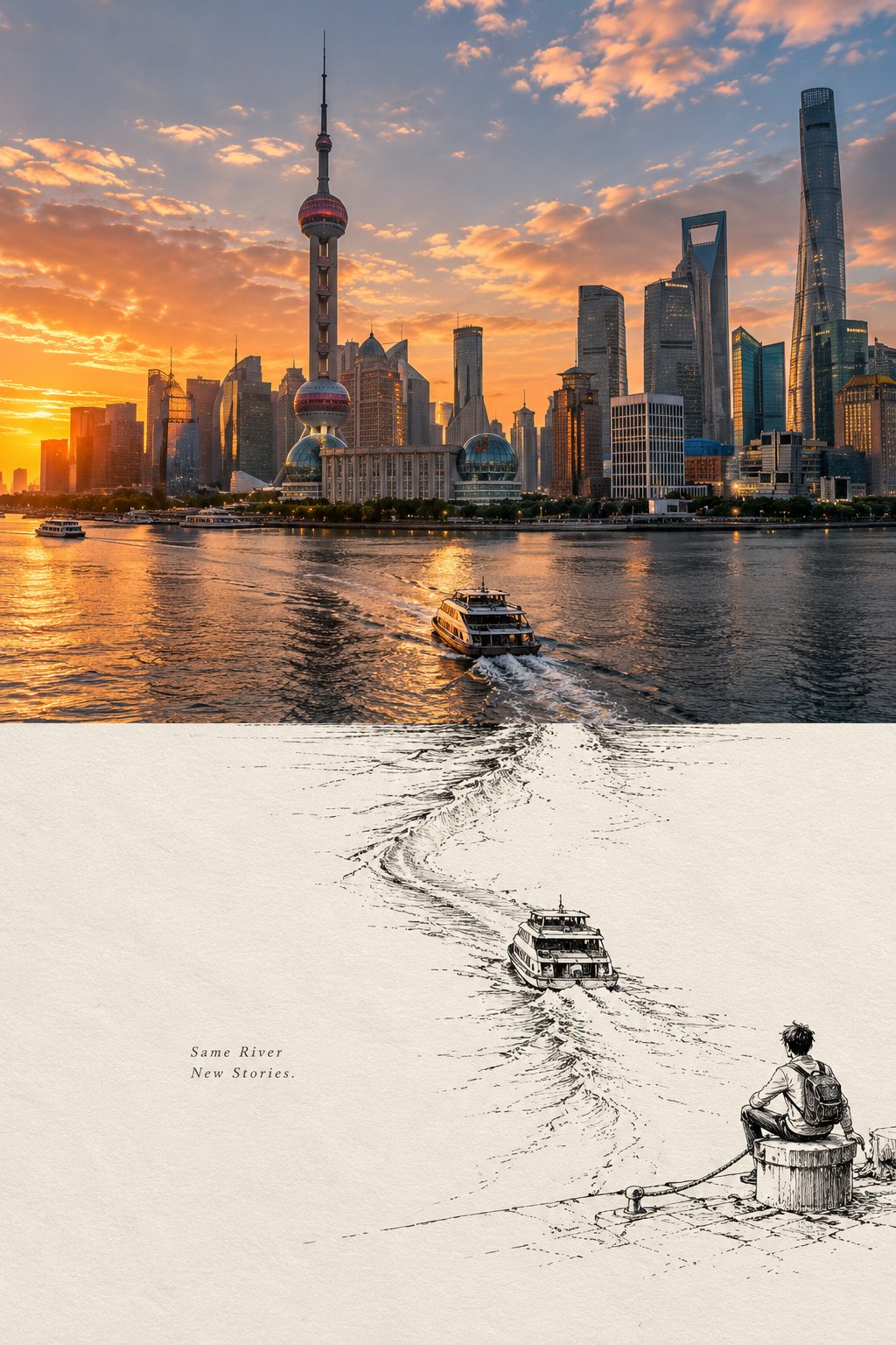 照片与线稿交织的诗意旅行海报