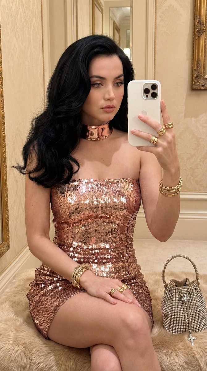 电光蓝亮片裙女神的奢华对镜自拍