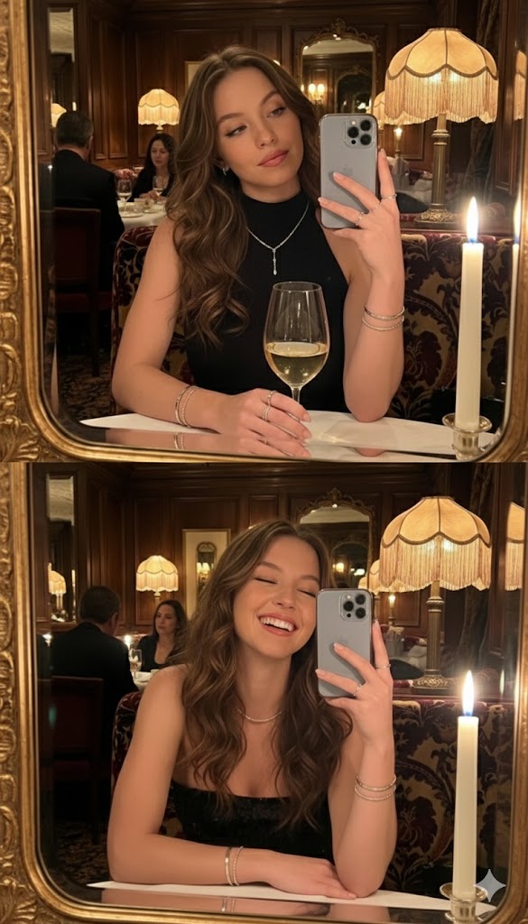 烛光映照下复古餐厅里的名媛优雅对镜自拍