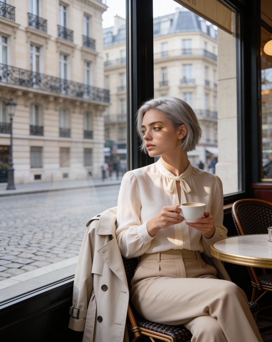 巴黎咖啡馆窗畔的银发优雅少女