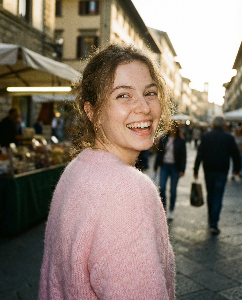欧洲集市阳光下回眸大笑的粉色少女