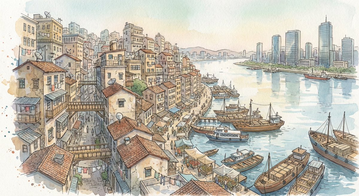 奇幻水彩山城港湾图卷