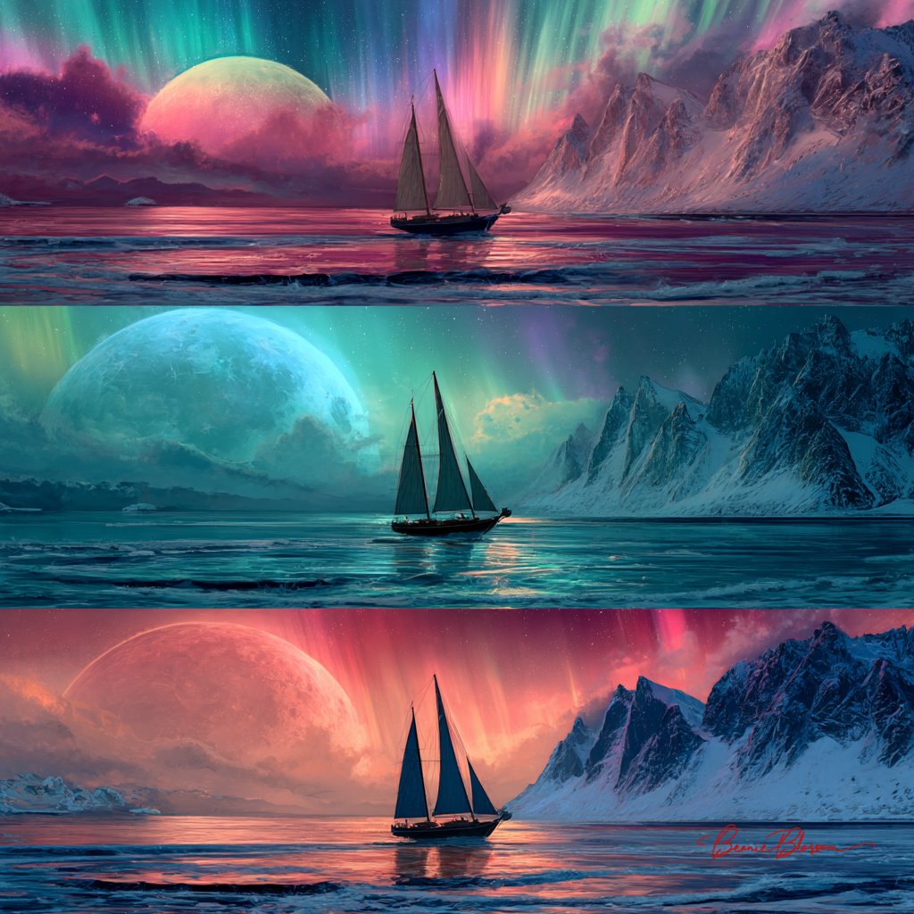 海洋中的三艘奇幻帆船与极光彩月