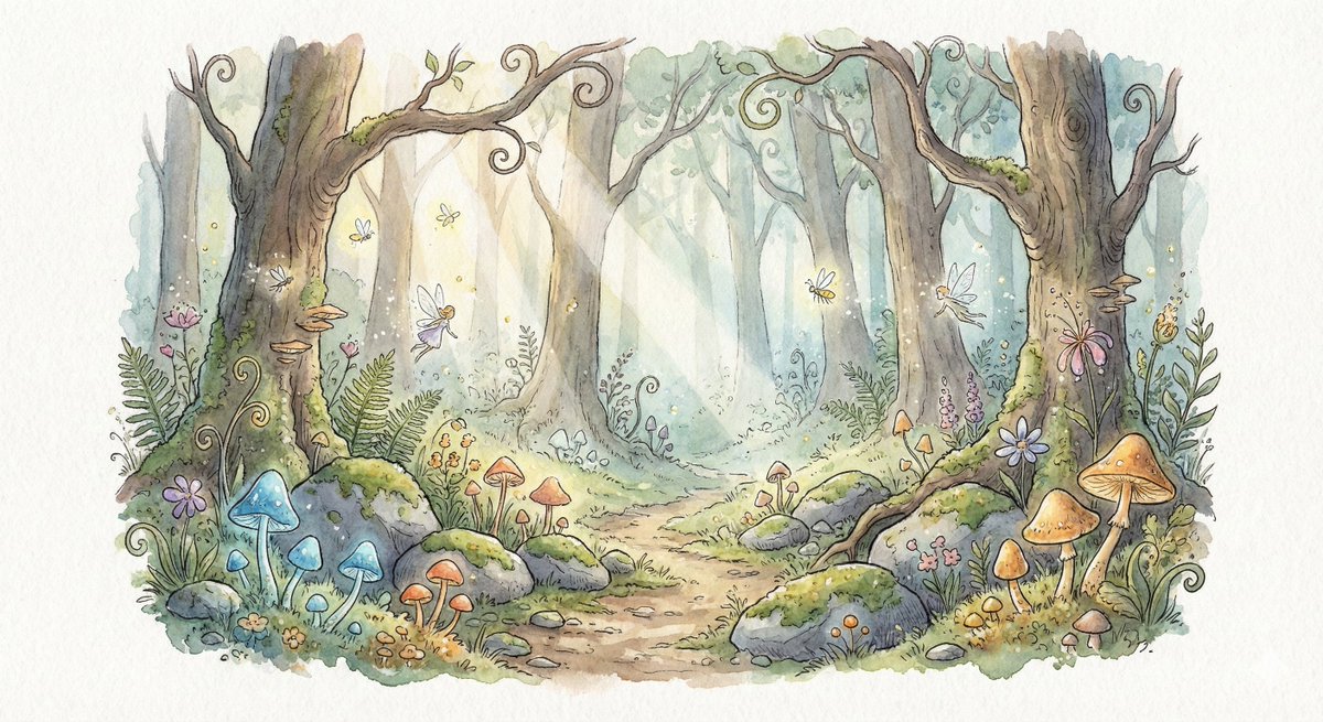魔法森林晨曦水彩插画