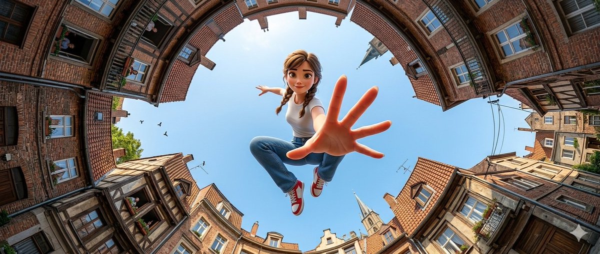 鱼眼仰视下跃向镜头的3D动画女孩