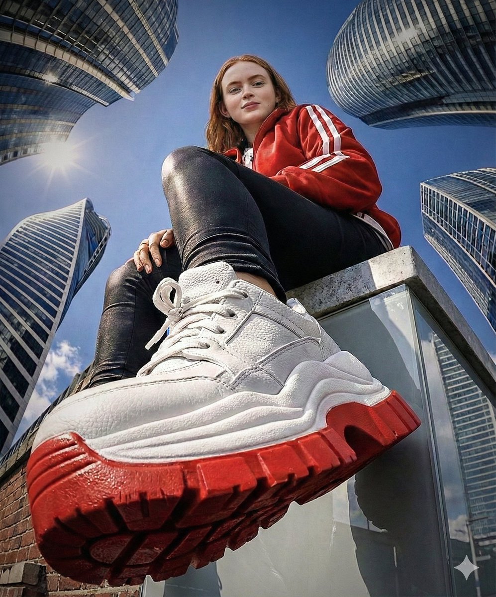 鱼眼镜头下的天台红衣潮鞋少女