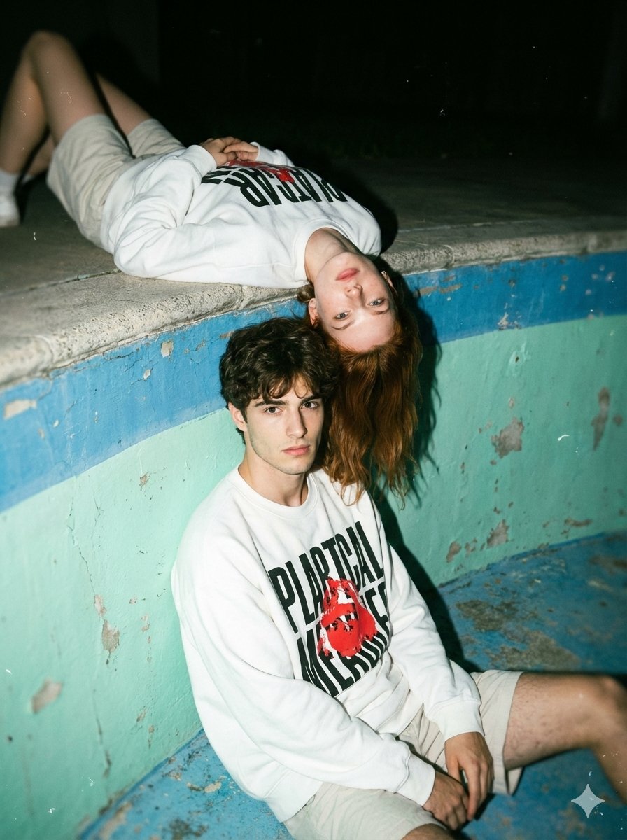 荒废滑板池的闪光灯胶片情侣