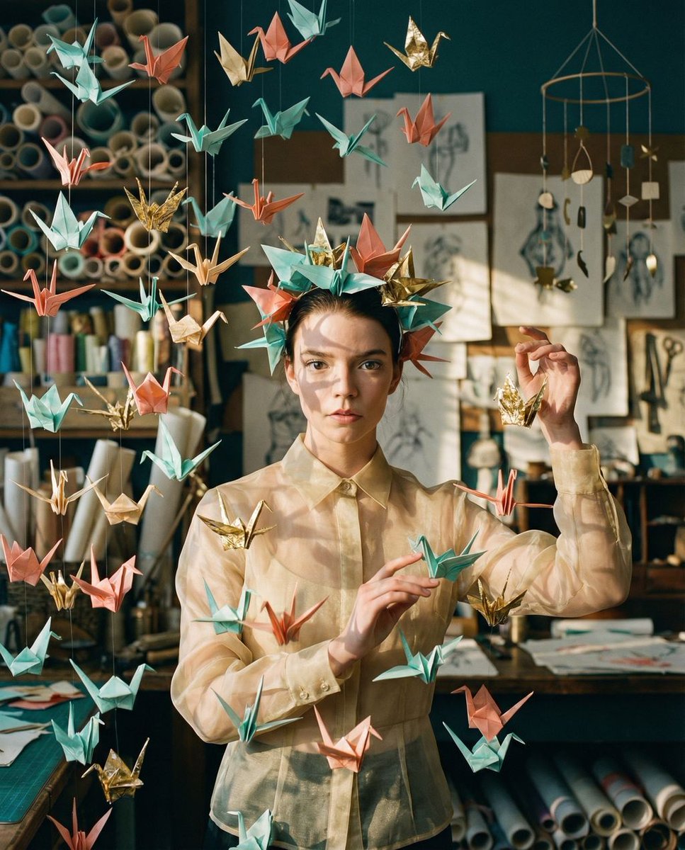 悬浮纸鹤环绕的空灵纸艺写真