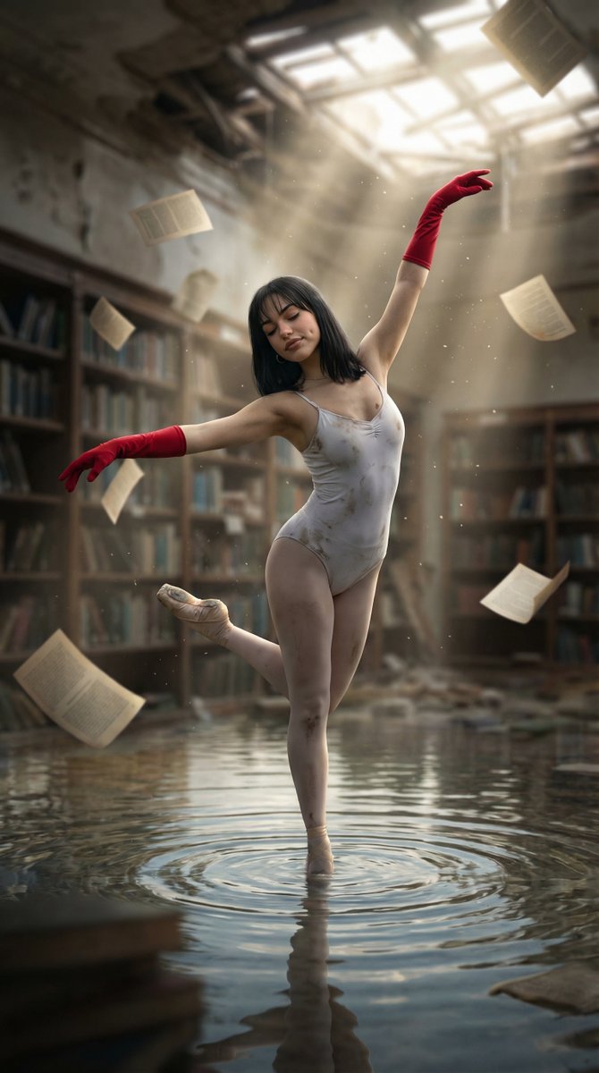 废弃书海水面上的绝美芭蕾