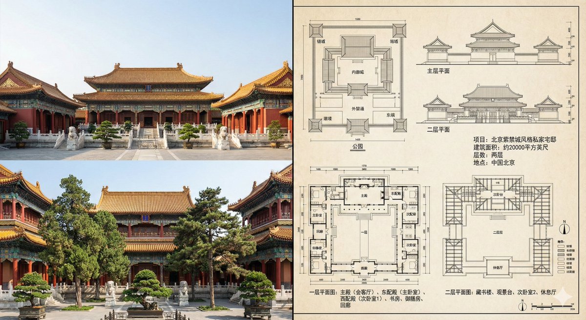 紫禁城风格建筑实景与蓝图对比展示