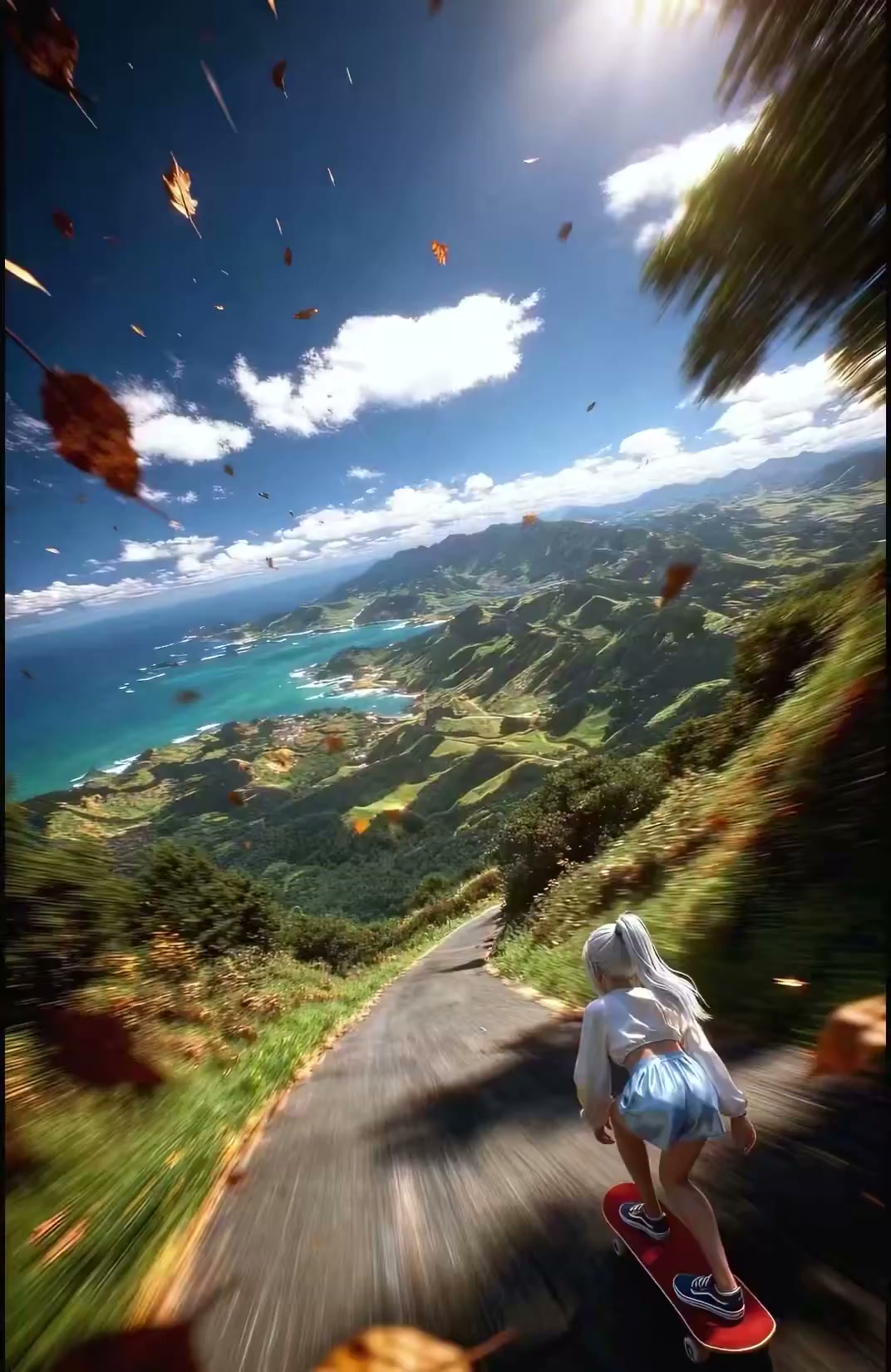 白发少女滑板疾降：夏境瞬变冰封
