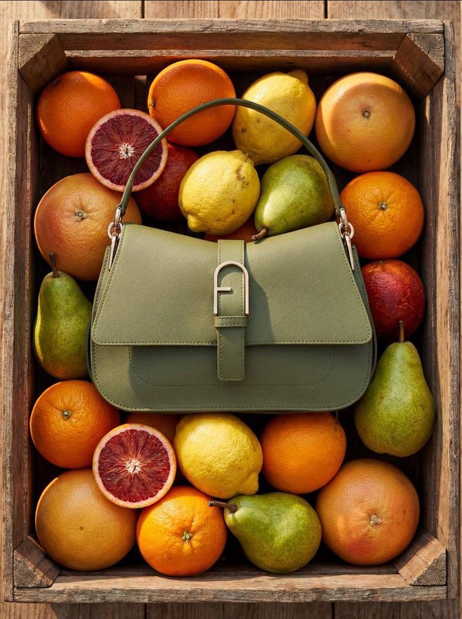 清新柑橘映衬下的高级感皮包摄影