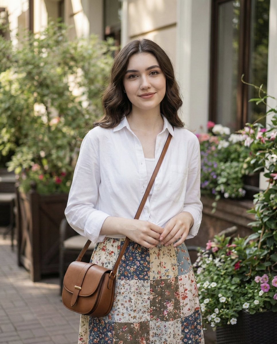 柔光花园中的清新白衬衫少女