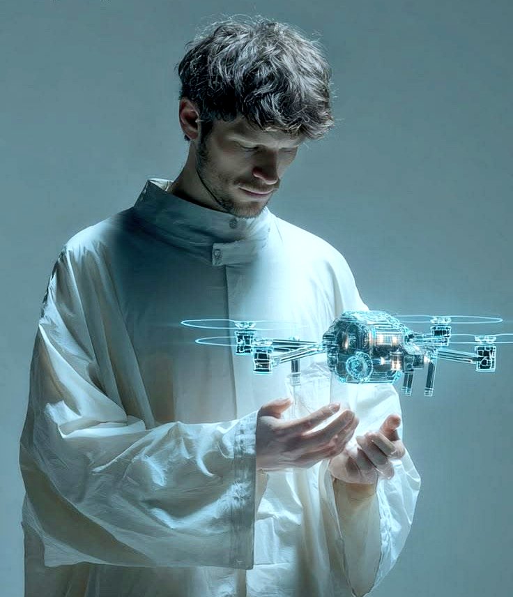 未来主义男子手持全息无人机