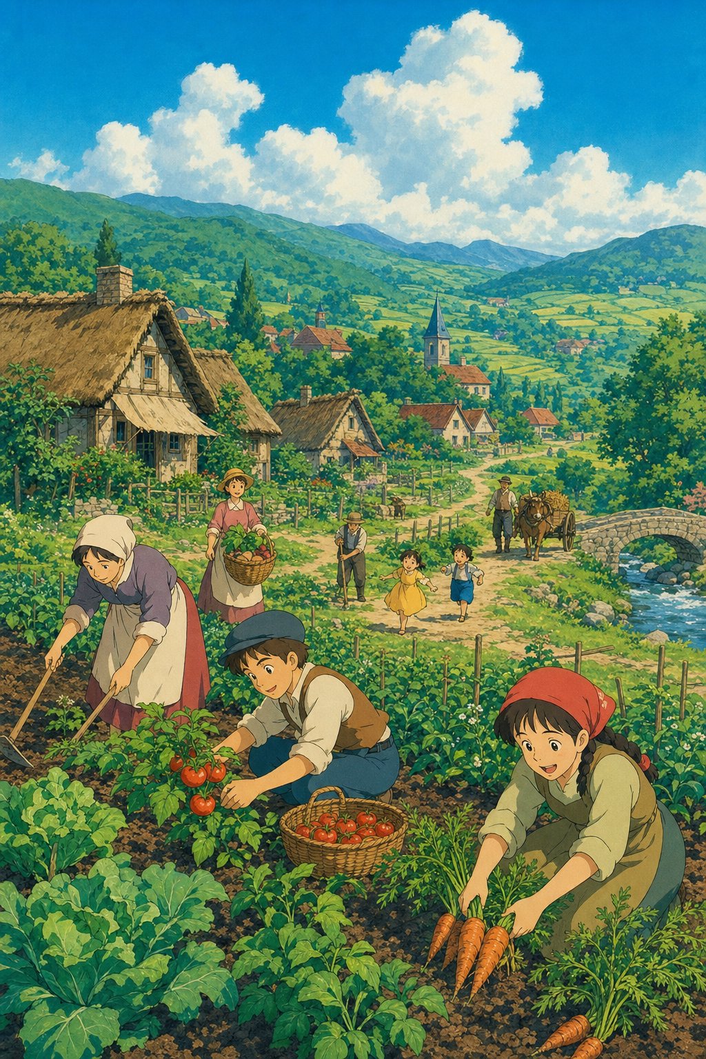 夏日山谷里的牧歌村庄