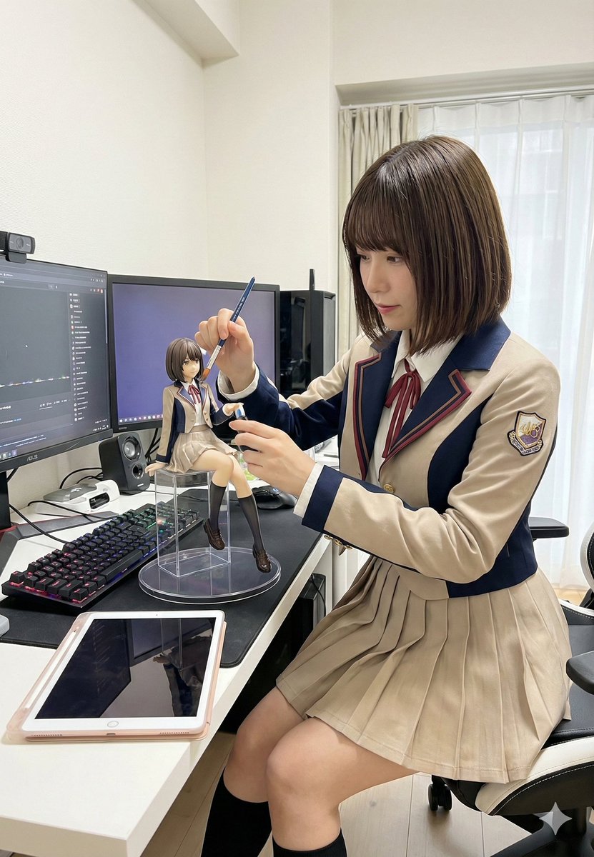 少女轻柔擦拭桌上的微缩手办