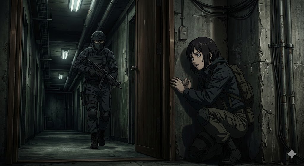 贴墙躲藏的少女与持枪守卫对峙