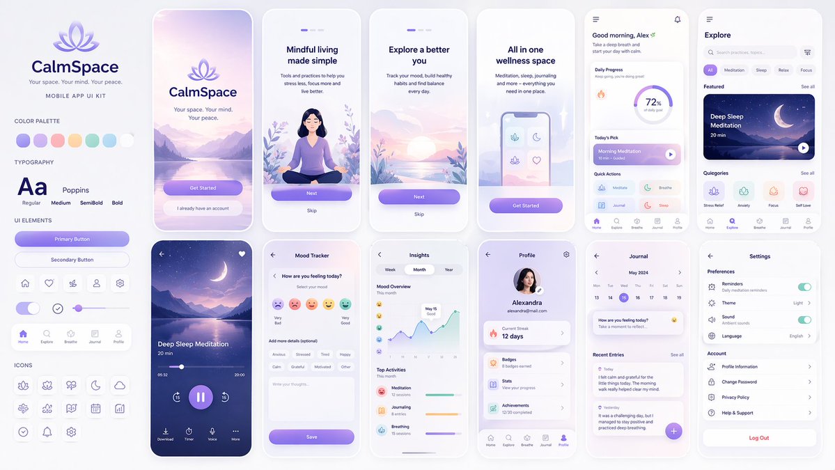 CalmSpace 心理健康应用玻璃拟态UI套件