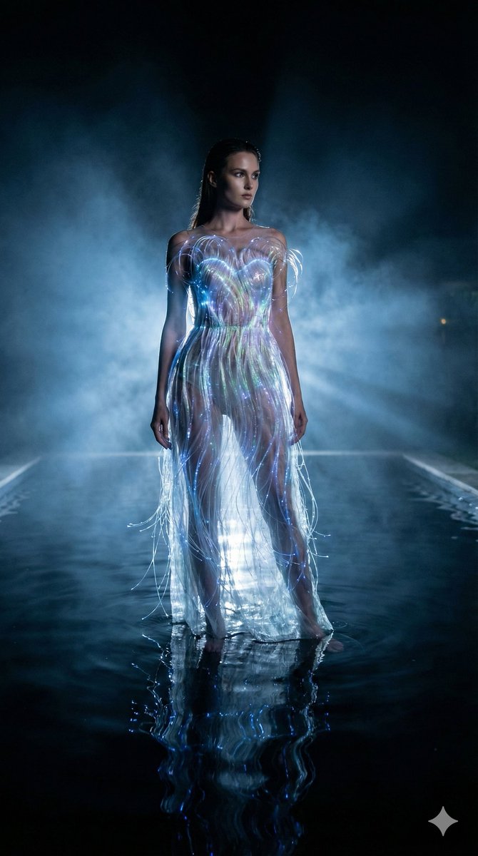 暗夜水畔身披流光光纤礼服的未来女神