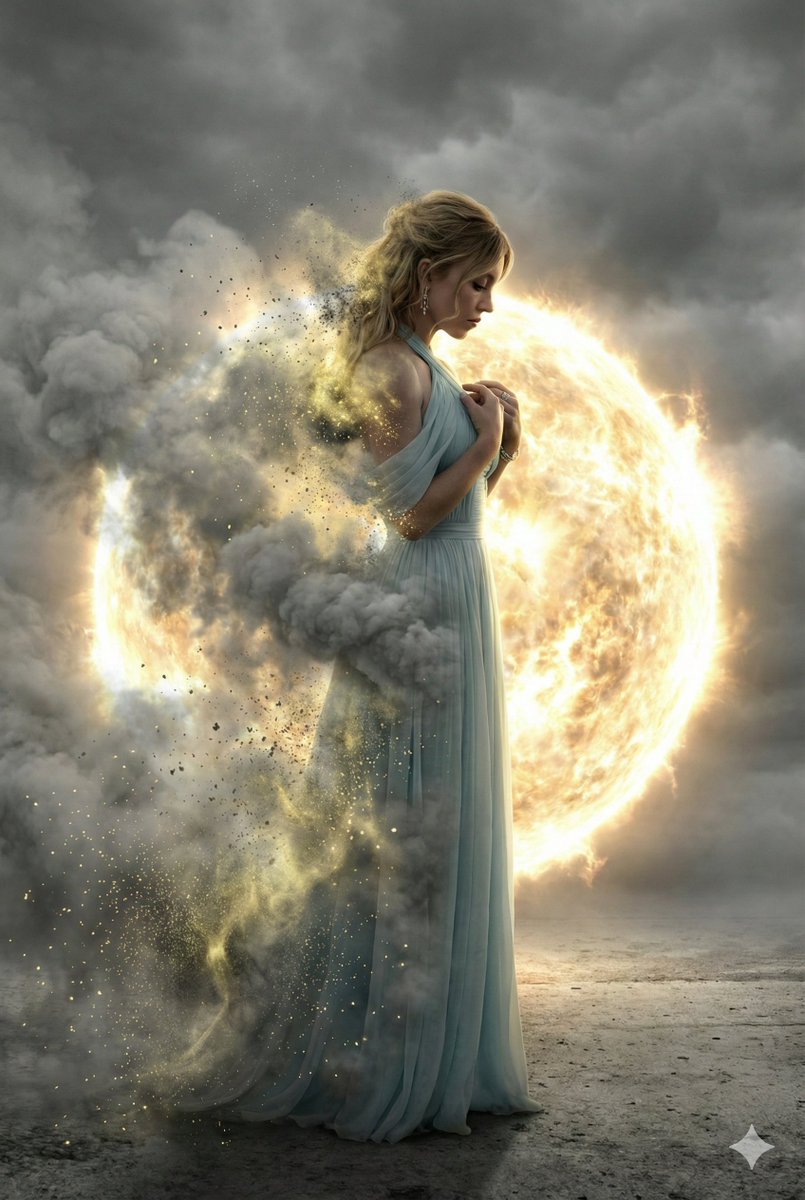 金色能量球下灰烬化身的哀伤侧影