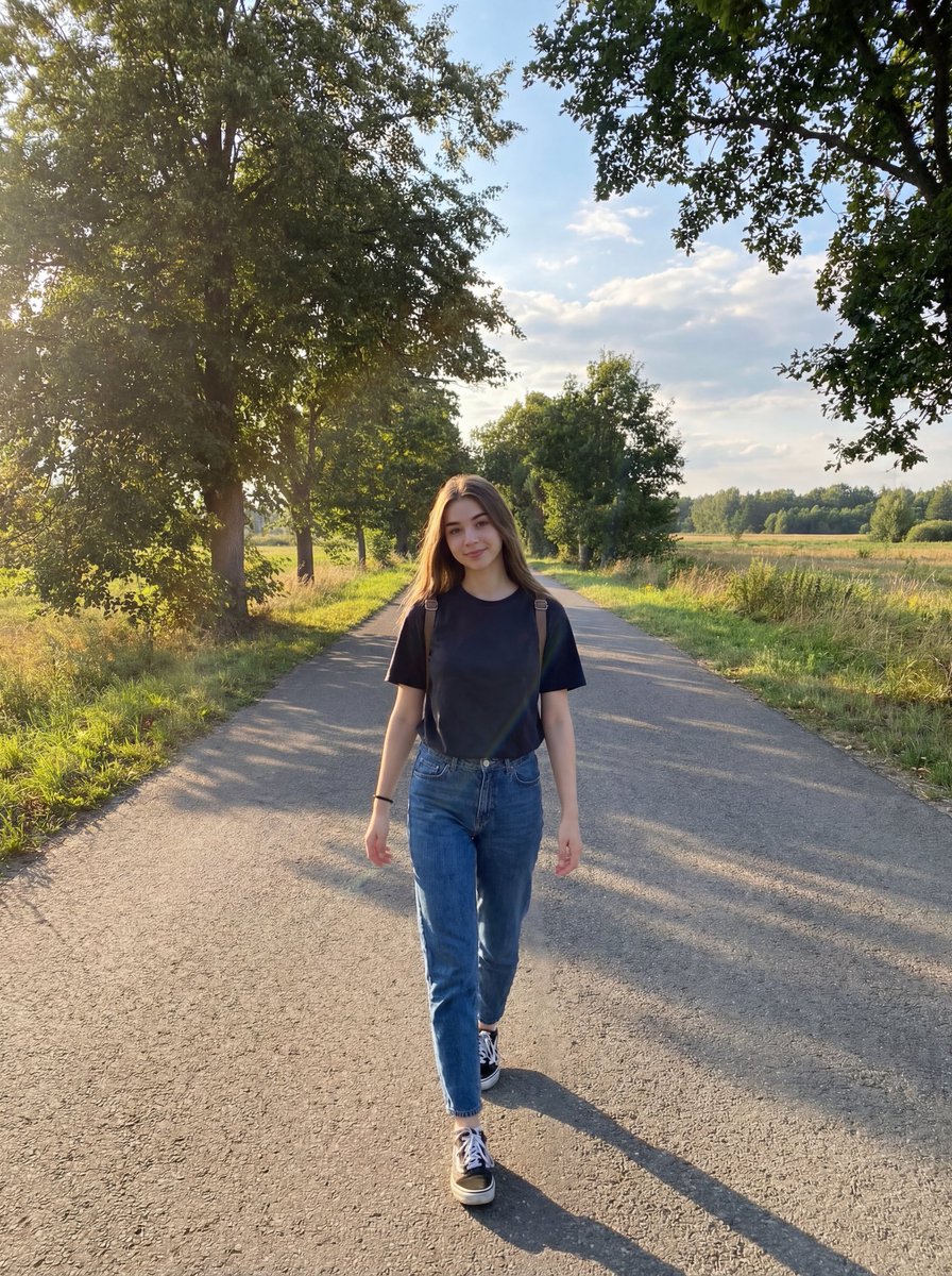 黄金时刻乡间小路的温柔少女