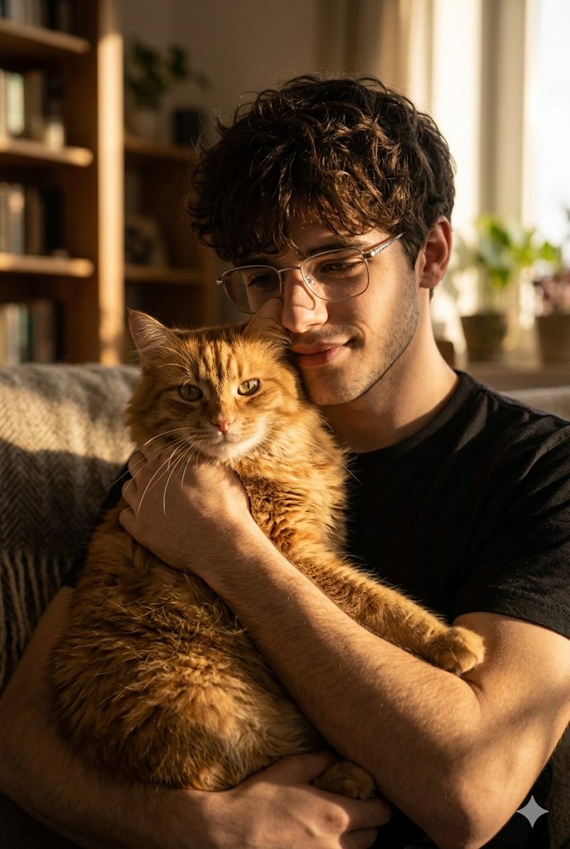 黄金时刻的拥抱：人与姜黄猫