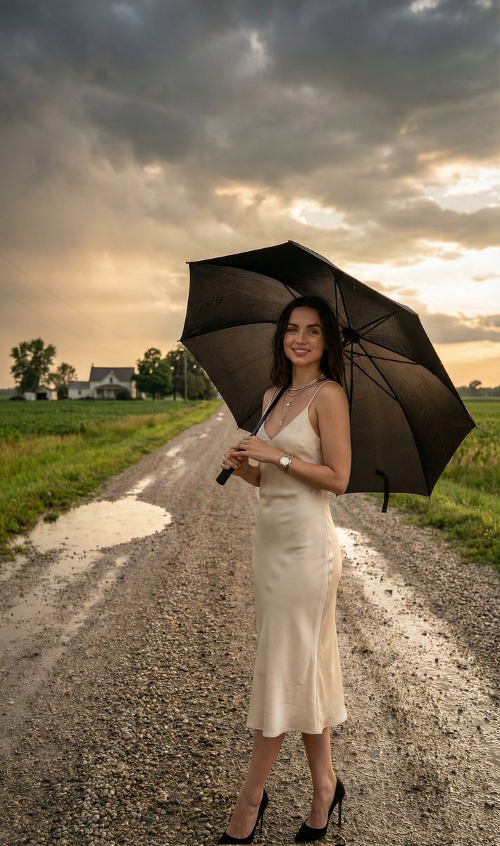 暮雨泥泞路上的金发佳人