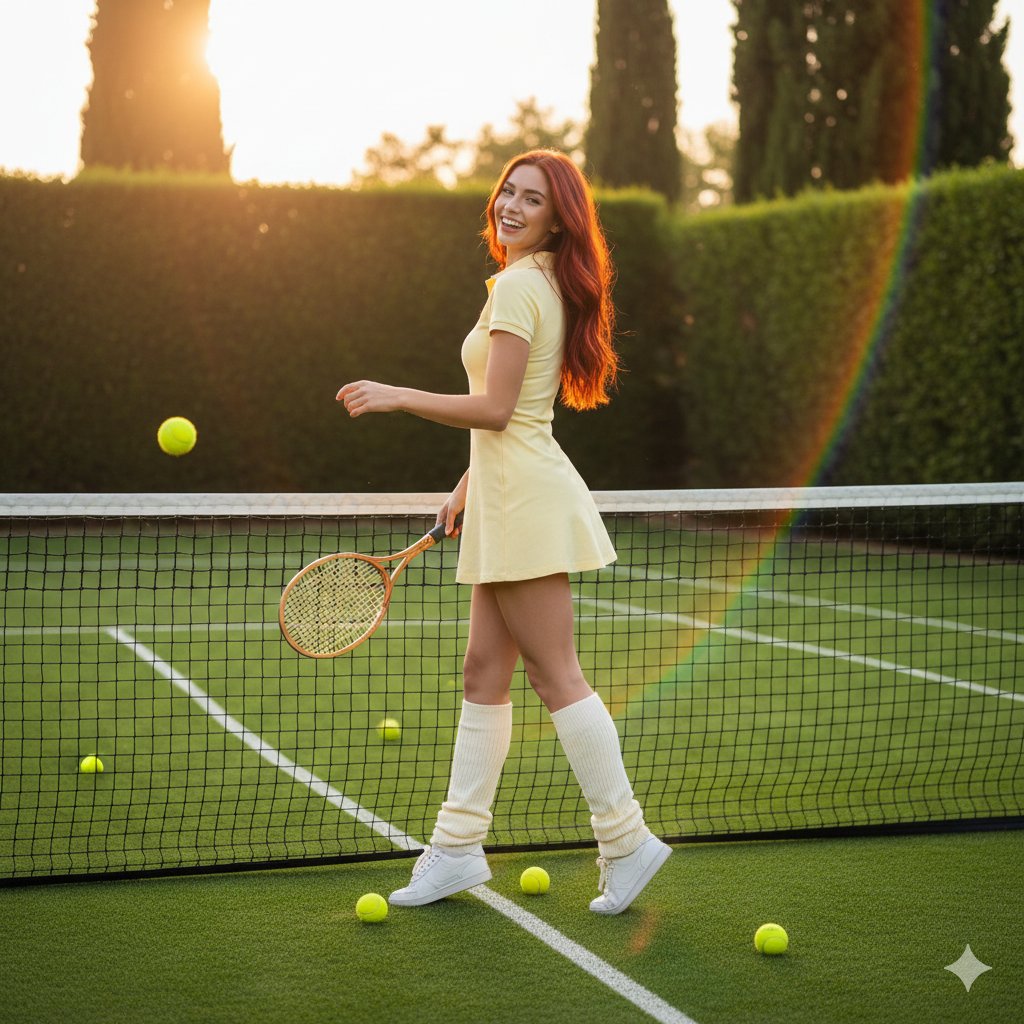 金黄夕阳下回眸一笑的网球少女