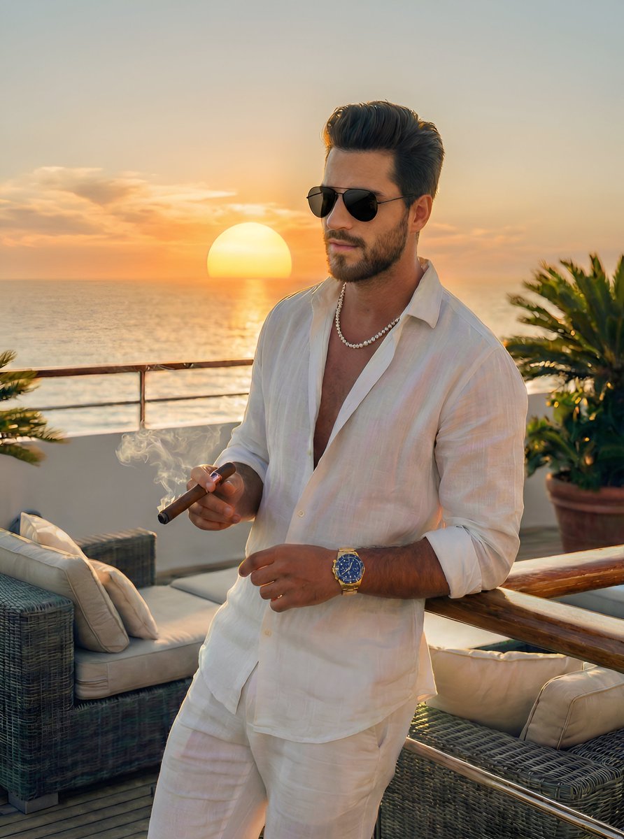 黄金时刻游艇甲板上的老钱风绅士