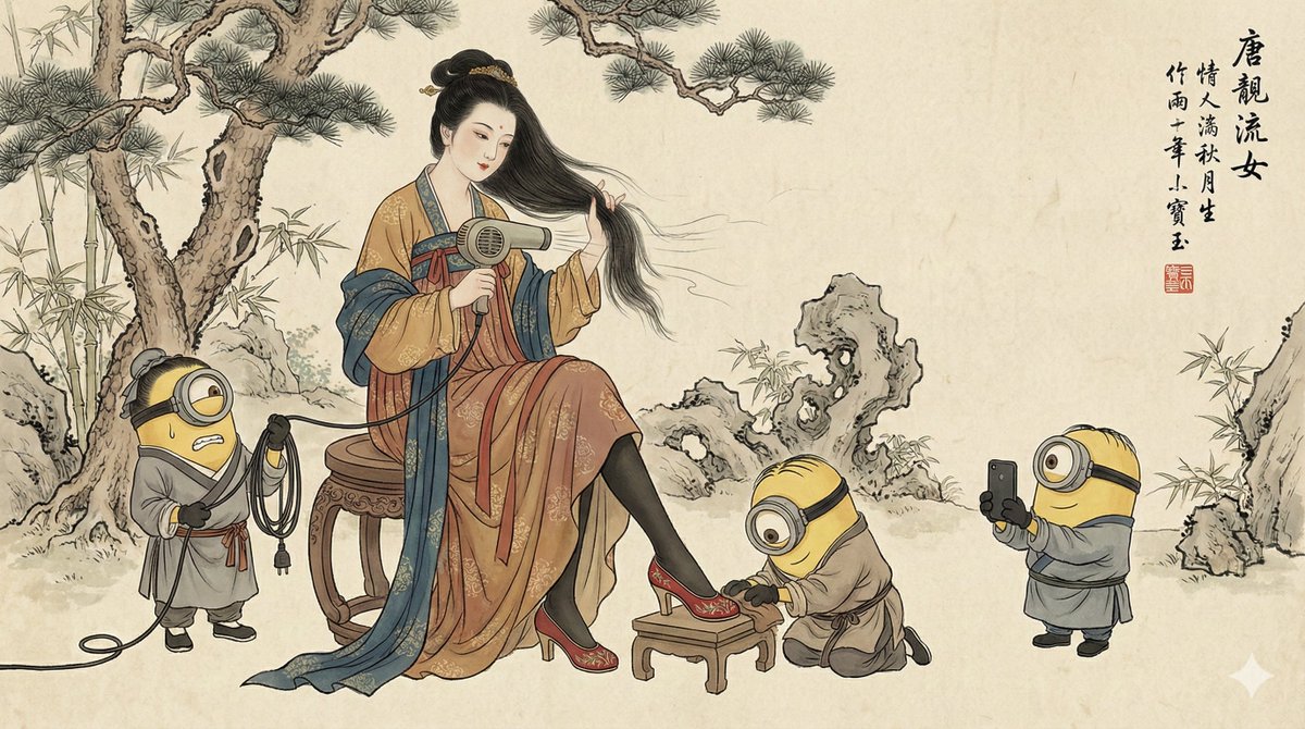 唐代贵妇与吹风机小黄人