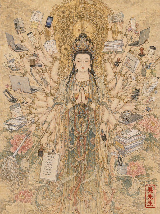 齿轮光环下的千手观音工笔画