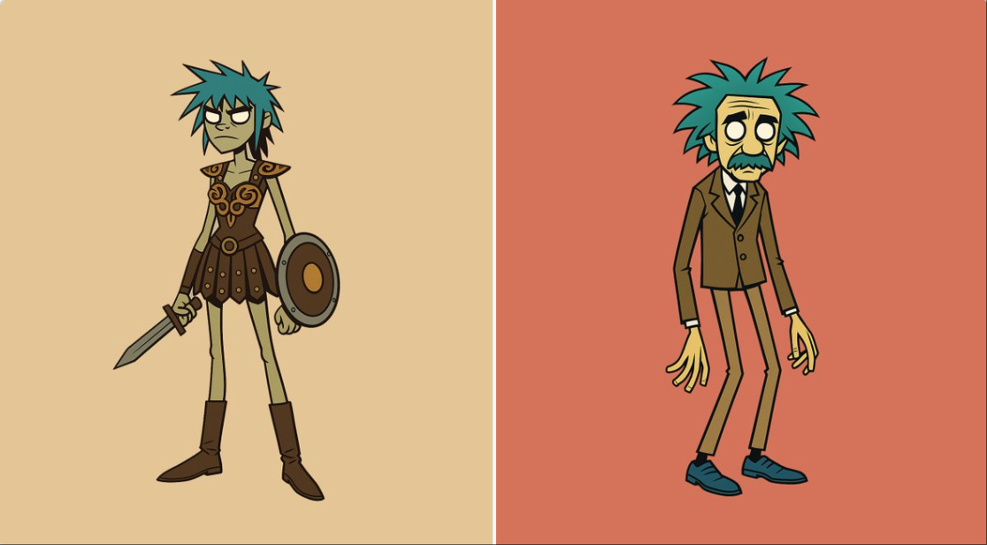 Gorillaz风格全身肖像，纯色平面设计