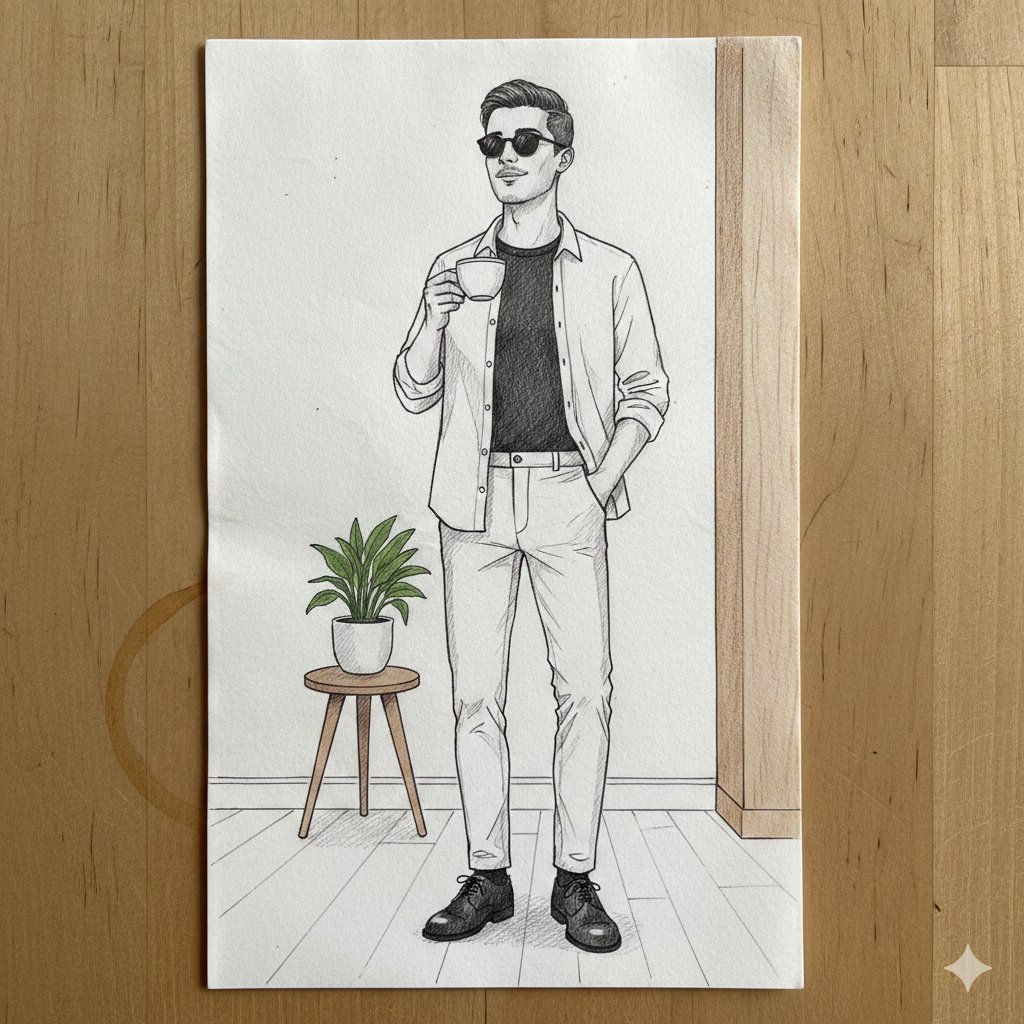 手绘时尚插画：极简房间里的优雅男士