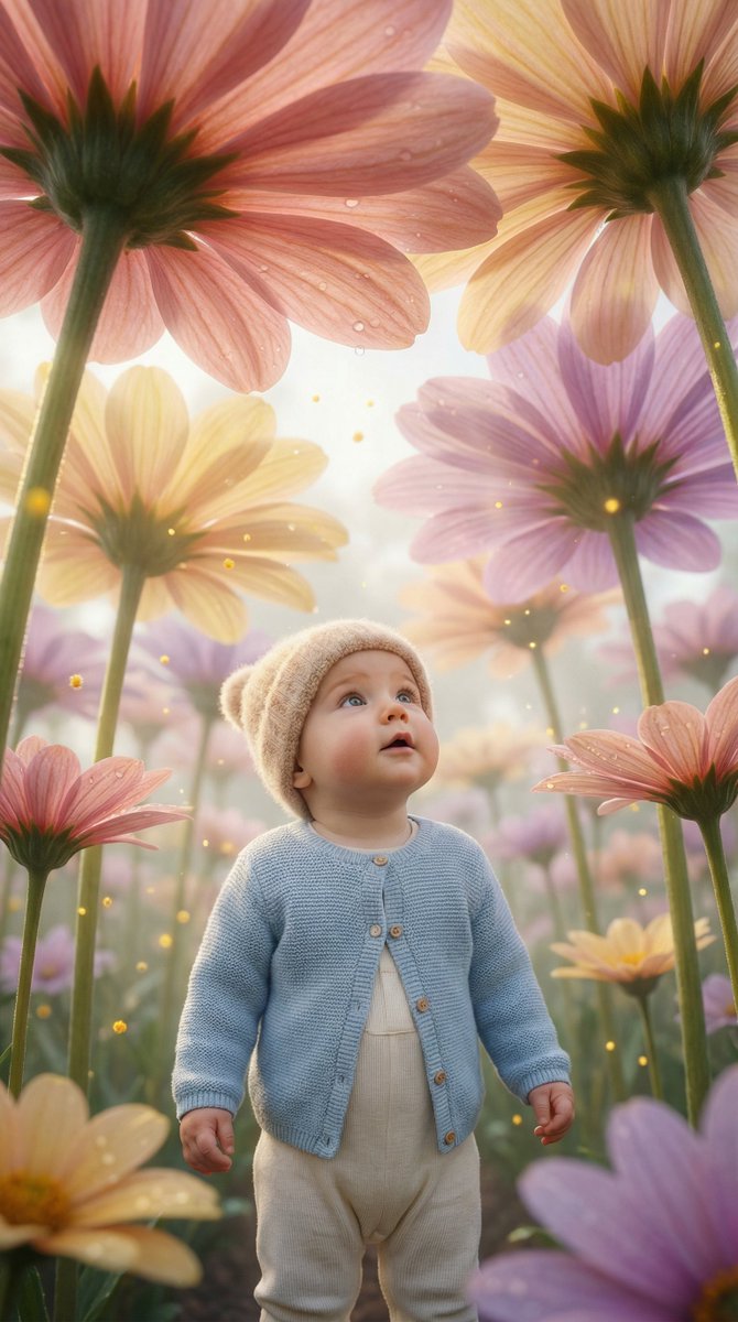 沐浴在巨型花海暖阳中的治愈萌宝