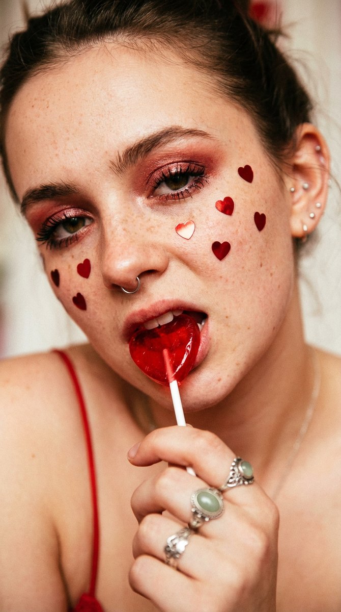 红心棒棒糖下的甜酷微距特写